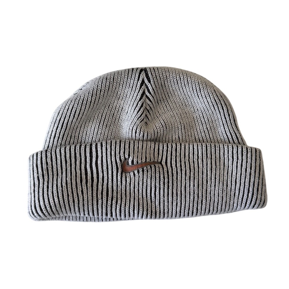 Nike Grey Ribbed Knit Beanie Hat Copper Swoosh Logo One Size Mens Womens